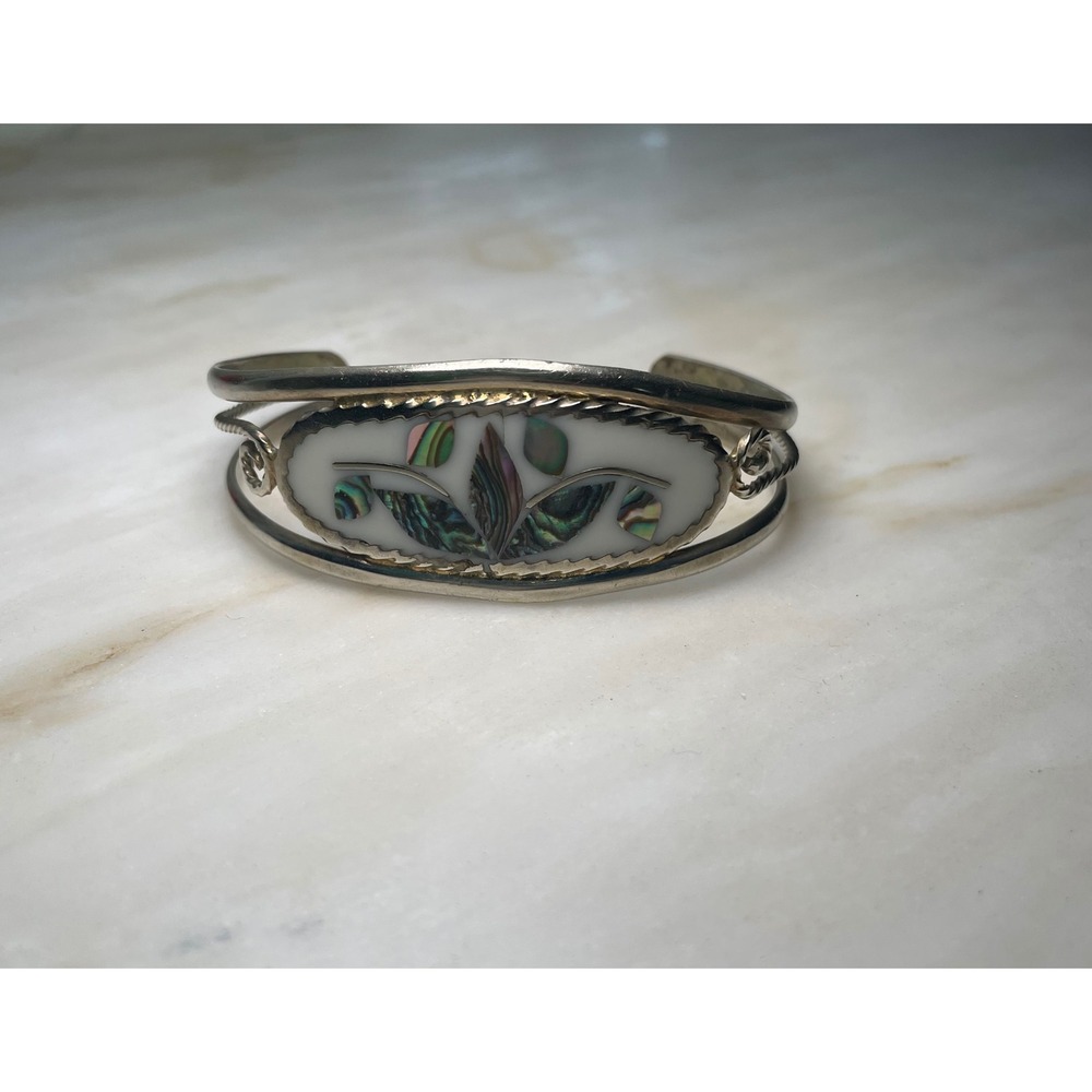Vintage Alpaca Mexico Abalone Mother‎ of Pearl Inlay Floral Cuff Bracelet Silver